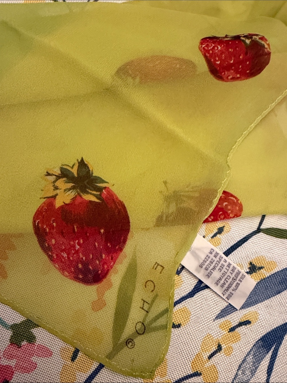 Echo Strawberry Silk Print Scarf - Lime Green and Red